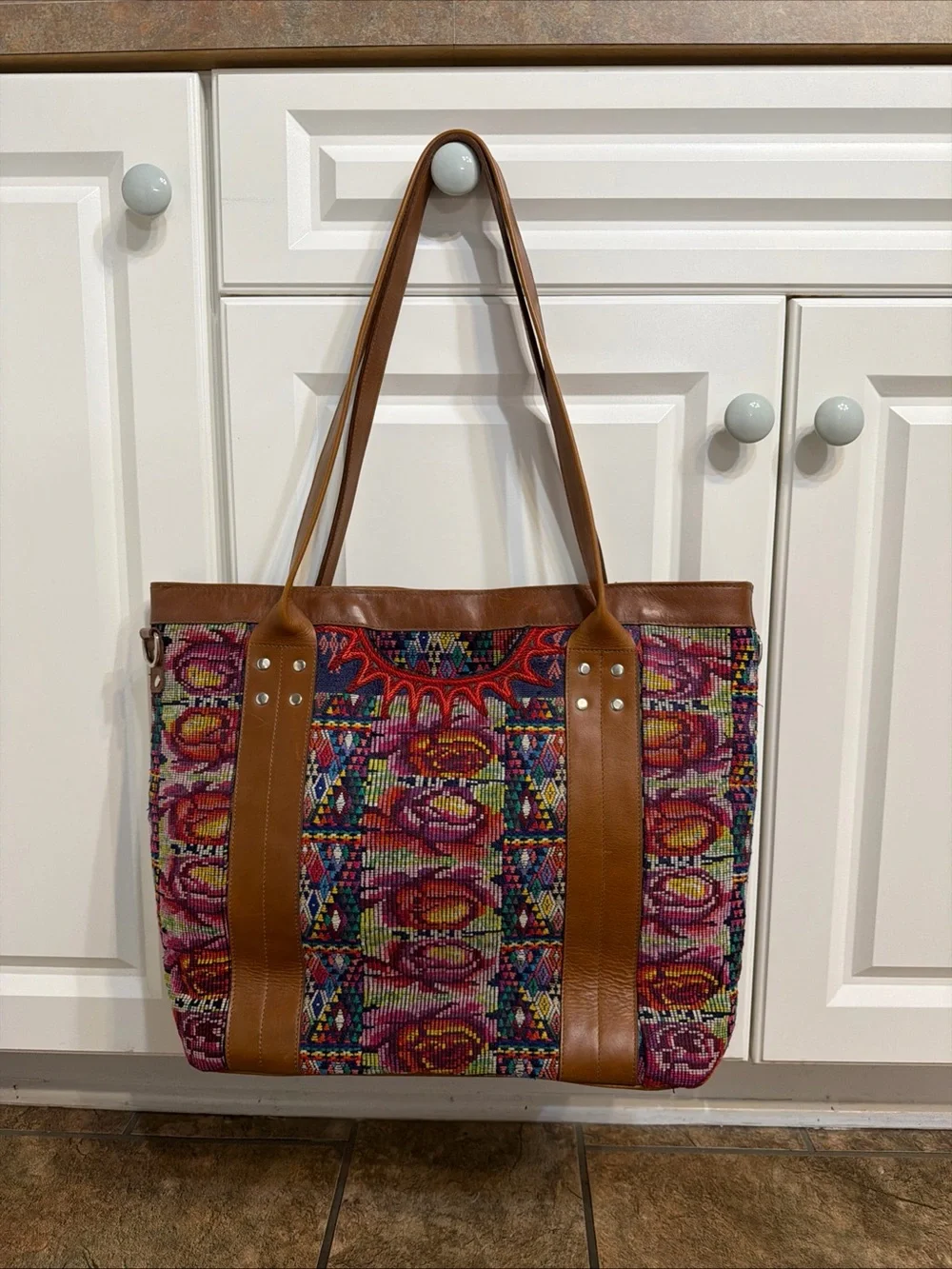Handmade Guatemalan Fabric And Leather Tote Shoulder Nena Huipil - Picture 1 of 12